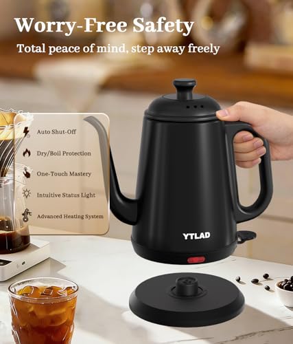 Gooseneck Electric Kettle 1L, 1000W Fast Boiling for Pour-Over Coffee & Tea, 304 Stainless Steel BPA-Free, Precise Flow Spout, Auto Shut-Off & Boil-Dry Protection, Retro Style (Black) - color: Black
