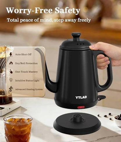 Gooseneck Electric Kettle 1L, 1000W Fast Boiling for Pour-Over Coffee & Tea, 304 Stainless Steel BPA-Free, Precise Flow Spout, Auto Shut-Off & Boil-Dry Protection, Retro Style (Black) - color: Black