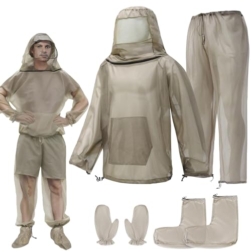 Mosquito Bug Suit for Men Women 4 Pcs Full Whole Body Adjustable Socks Breathable Mesh Jacket Outdoor Fishing - color: Khaki, size: XL/XXL(175CM-185CM)