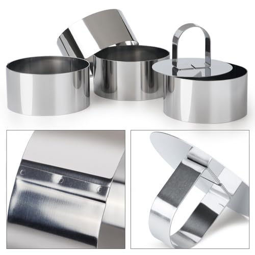 HULISEN Round Cake Ring Mold, Stainless Steel 4" Cooking Crumpet Rings with 1 Pusher & 4 Food Form, Tuna Tartare Mold for Pancake, Salad, Mousse - size: 4 Round/ Set-4 Inch with Pusher