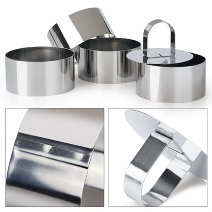 HULISEN Round Cake Ring Mold, Stainless Steel 4" Cooking Crumpet Rings with 1 Pusher & 4 Food Form, Tuna Tartare Mold for Pancake, Salad, Mousse - size: 4 Round/ Set-4 Inch with Pusher