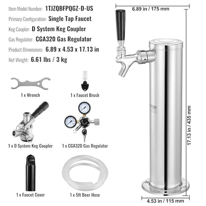 VEVOR Kegerator Tower Kit, Single Tap Beer Conversion Kit, Stainless Steel Keg Beer Tower Dispenser with Dual Gauge CGA320 Regulator & D-System Keg Coupler, Self-Closing Spring for Party Bar Home - style: Single Faucet Beer Tower