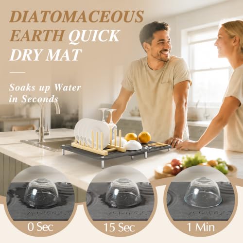 VERIFOST Nested Dish Drying Mat with Bamboo Rack for Dishes, 2Pcs Diatomaceous Earth Stone, Fast Stone Drying Mat for Kitchen Counter with Non-slip Feet, Midnight Gray - color: Bamboo Rack Midnight Gray