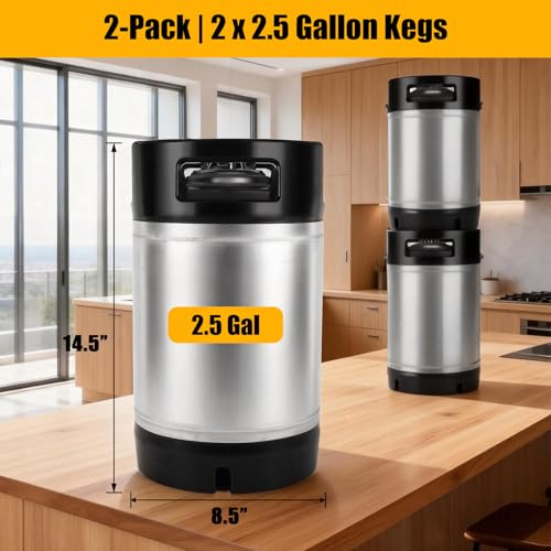 MRbrew 2 Pcs 2.5 gallon Ball Lock Kegs, Stainless Steel Corny Kegs with Dual Rubber Handles Stackable Design, Pressure Relief Valve 10L Cornelius Keg for Home Brewing