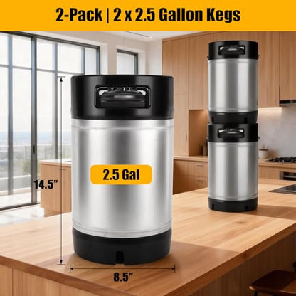 MRbrew 2 Pcs 2.5 gallon Ball Lock Kegs, Stainless Steel Corny Kegs with Dual Rubber Handles Stackable Design, Pressure Relief Valve 10L Cornelius Keg for Home Brewing