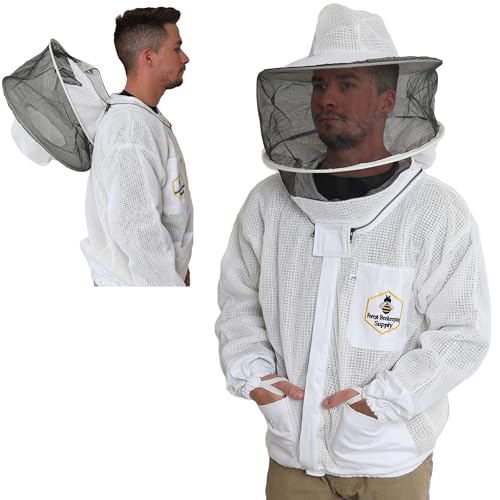 3 Layer Ultra Ventilated Beekeeping Jacket for Men and Women with Round Veil Hood, Vented Premium Beekeeper Jackets for Professional, Commercial, and Beginner Beekeepers (Medium) - size: Medium