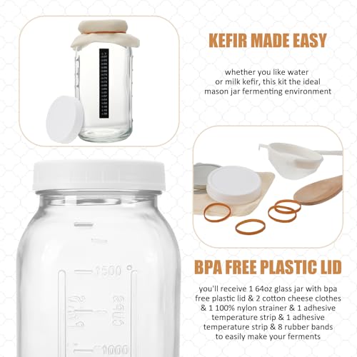 Honeydak 8 Pcs Complete Kefir Starter Kit Kombucha Fermenter Kit Half Gallon 64oz Mason Jar Wide Mouth with Plastic Storage Lid Nylon Mesh Strainer Cotton Cloth Cover and Wood Spoon - color: as shown in the picture, size: 64 oz