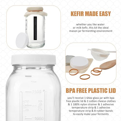 Honeydak 8 Pcs Complete Kefir Starter Kit Kombucha Fermenter Kit Half Gallon 64oz Mason Jar Wide Mouth with Plastic Storage Lid Nylon Mesh Strainer Cotton Cloth Cover and Wood Spoon - color: as shown in the picture, size: 64 oz