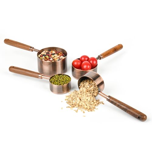 Copper Measuring Cups & Spoons Set 8, Stainless Steel Measuring Cups and Spoons Set for Baking and Kitchen, Metric & US Metal Measure Cup & Spoon with Wood Handle for Dry & Liquid - color: Copper