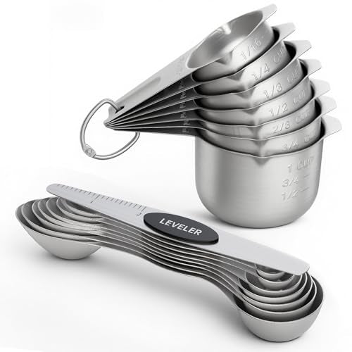 ChefAide Measuring Cups and Spoons Set, 304 Stainless Steel Measuring Cups Set of 7,8 Magnetic Stainless Steel Measuring Spoons & 1 Leveler for for Measure Dry and Liquid Ingredients - color: Stainless Steel+Black, size: Measuring Cups and Spoons Set