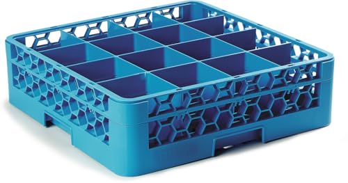 Carlisle FoodService Products Opticlean Glass Rack 16 Compartments with 1 Extender for Kitchens and Restaurants, 19.875" x 19.875" x 5.5", Compartment Size 4.45" x 4.45" Blue