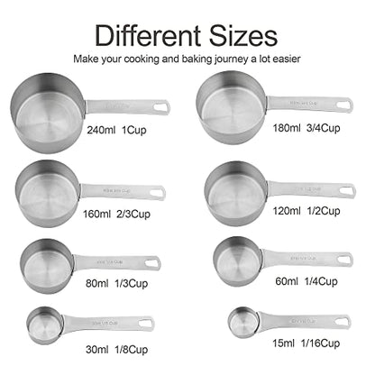 Measuring Cup Set of 8, 18/8 Stainless Steel Measuring Cups for Kitchen & Baking, Heavy Duty Metric & US Measure Cups Set with 2/3 Cup & 3/4 Cup Meaure Cups - size: A: 8cups