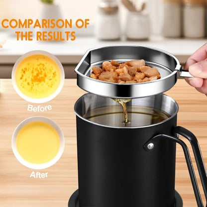 Chihee Grease Container Stainless Steel 2L / 67.6 fl oz Fine Mesh Strainer | Easy to Clean Large Spout Bacon Grease Saver Cooking Oil Keeper Stoarge Can with Dust-proof Lid Non-slip Tray Kitchen Frying - color: Black(2L)