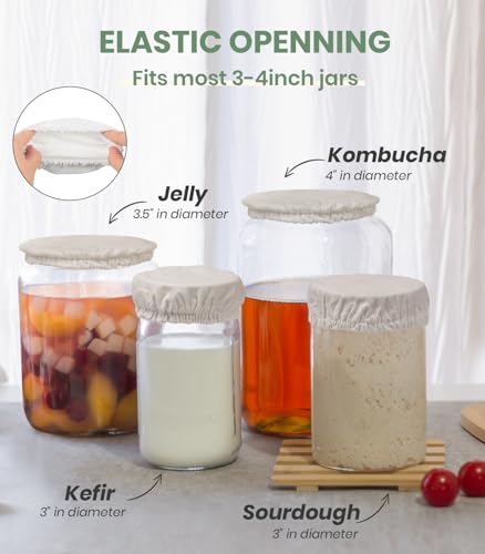 Kombucha Cloth Cover for Weck Jars Wide Mouth | Elastic Cotton Toppers Fabric Fermenting Lid Covers for Sourdough Kefir Starter Ball Mason Gallon Jar - style: Thicker Khaki Cotton