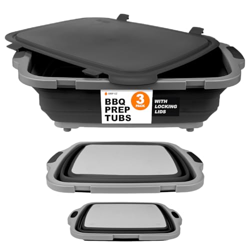 Drip EZ Collapsible BBQ Prep Tubs 3-Piece Set- For Meal Prep Marinating Food Storage - Includes Cutting Board & Lid - (1) JR + (1) OG + (1) XL - Black - color: Black