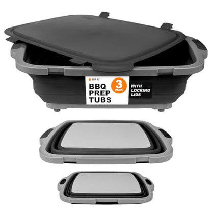 Drip EZ Collapsible BBQ Prep Tubs 3-Piece Set- For Meal Prep Marinating Food Storage - Includes Cutting Board & Lid - (1) JR + (1) OG + (1) XL - Black - color: Black