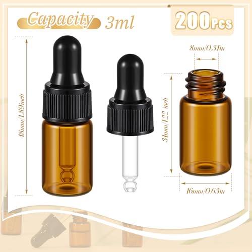 Didaey 200 Pcs 1/2/3/5/10/15 ml Mini Glass Oil Dropper Bottle Bulk, Clear Essential Small Empty Bottles Sample Containers Perfume Liquid Vials with Cap for Traveling (3 ml,Amber) - color: Amber, size: 3 ml