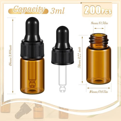 Didaey 200 Pcs 1/2/3/5/10/15 ml Mini Glass Oil Dropper Bottle Bulk, Clear Essential Small Empty Bottles Sample Containers Perfume Liquid Vials with Cap for Traveling (3 ml,Amber) - color: Amber, size: 3 ml