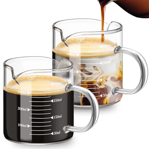 Patelai 2 Pcs 12oz/350ml Espresso Cups, Glass Measuring Cups with Double Spouts & Handle, Scale Espresso Shot Glass Milk Frothed Cup Coffee Accessories for Machines, Milk Frothed, and Bars - color: Scale, size: 12 oz