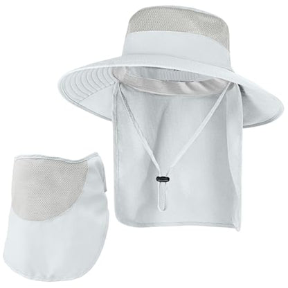 Sun Hats for Men Women Fishing Hat UPF 50+ Breathable Wide Brim Bucket Hats Summer UV Protection Safari Hat with Neck Flap - color: Light Grey (With Face Cover)
