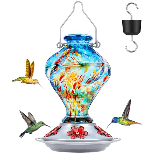 Hummingbird Feeder, BOLITE Glass Hummingbird Feeders for Outdoors Hanging, Hand Blown Twisted with Ant Moat, 5 Bee-Proof Ports, 360° Perch, Leak-Proof, 24oz, Blue, Gifts for Mom Dad Women Men - color: Blue Phoenix