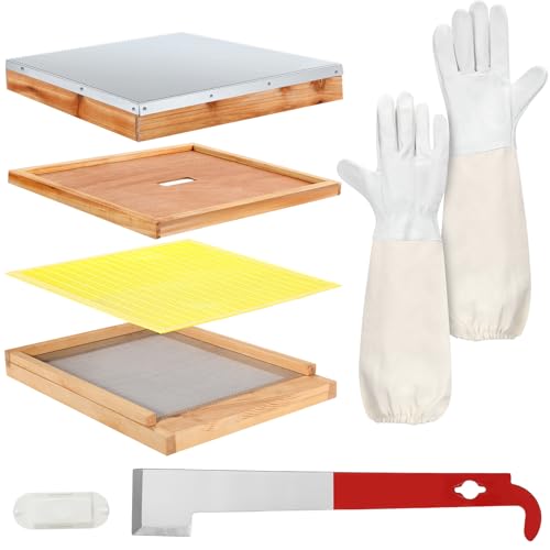 DoubleFill 8 Pcs Beehive Parts Kit for 10 Frame Bee Hive, Telescoping Top Cover Queen Excluder Inner Cover Screened Bottom Board Entrance Reducer Bee Escape Equipment J-hook Scrape and Gloves (Yellow) - color: Yellow
