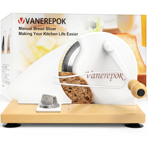 vanerepok Manual Bread Slicer Adjustable Thickness for Homemade Sourdough | Hand Crank Bread Cutter with Scale & Stable Suction Cups & Wood Base for Even Slicing Perfect Baking Gift for Home Bakers - color: PureWhite