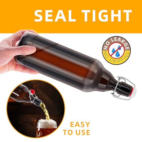 1Pc 32 oz Amber Glass Beer Bottles for Home Brewing with Flip Caps Refillable Brown Glass Storage Bottle with Swing Top Lids, Amber Iron Clasp Bottle 1000ML 1 Pack