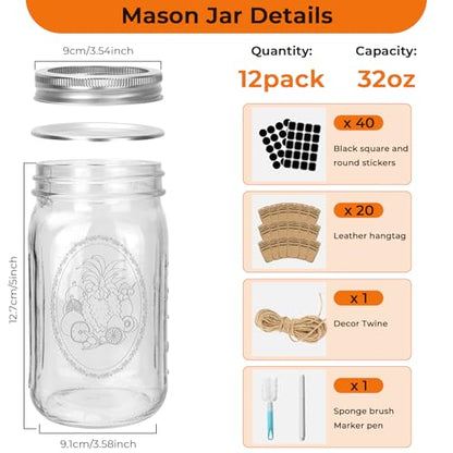 Wide Mouth Mason Jars 32 oz with Lids 12 Pack - color: 32oz-12pack-Sunflower