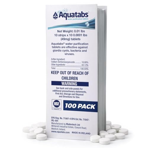 Aquatabs 49mg Water Purification Tablets (100 Pack). Water Filtration System for Hiking, Backpacking, Camping, Emergencies, Survival, and Home-Use. Easy to Use Treatment and Disinfection. - size: (49mg), style: 100 Tablets