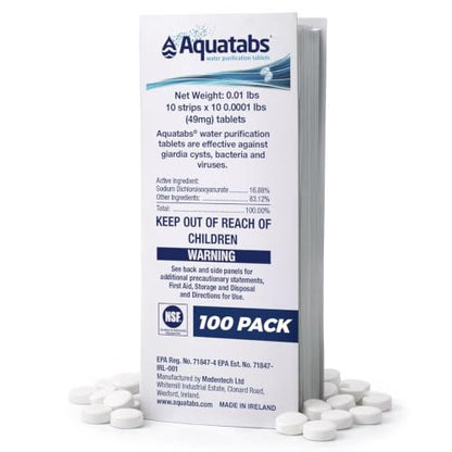 Aquatabs 49mg Water Purification Tablets (100 Pack). Water Filtration System for Hiking, Backpacking, Camping, Emergencies, Survival, and Home-Use. Easy to Use Treatment and Disinfection. - size: (49mg), style: 100 Tablets