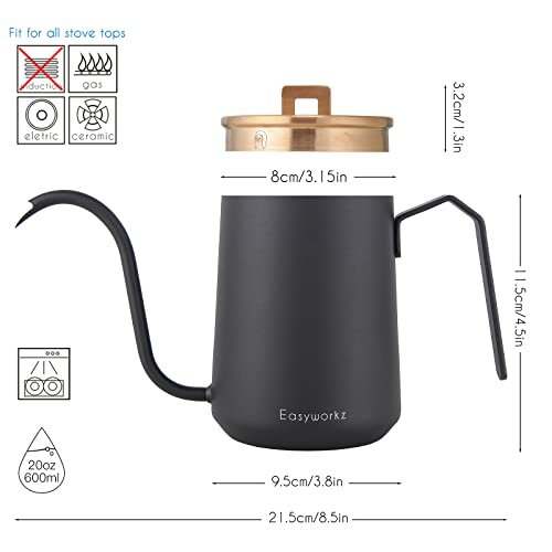 Easyworkz Gooseneck Pour Over Coffee Kettle 20 oz Stainless Steel Hand Drip Coffee Pot With Long Narrow Spout, Rose Gold Black - color: Rose Gold Black
