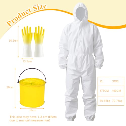 Beekeeper Costume Set - Full Beekeeping Suit with Veil Hat, Gloves, Yellow Bucket, Felt Bees & Adhesive Dots for Halloween - size: 3X-Large