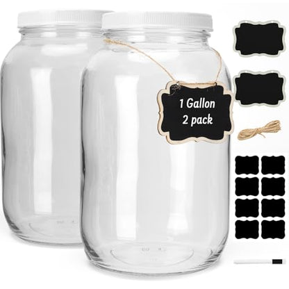 Cyclemore 2 Pack 1 Gallon Clear Glass Jar with Airtight Leakproof Plastic Lid, BPA-Free Dishwasher Safe Wide Mouth Jar for Fermenting, Kombucha, Kefir, Canning, Sun Tea and Food Storage