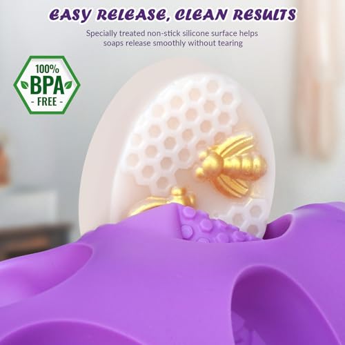 HKNMTT Silicone Bee Honeycomb Flower Oval Bar Molds, 6 Shapes 12 Cavities for Candy Soap Making Shower Steamer Homemade Bath Bomb Lotion Shampoo Bar Dessert DIY Set Non-stick Craft Food Grade 2 Pack - style: Bee & Honeycomb - 2PCS