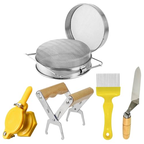 Honey Harvesting Kit Set of 5, Double Sieve Honey Strainer Honey Filter, Frame Holder, Uncapping Knife, Uncapping Fork, Honey Gate