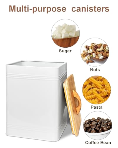 vensovo Kitchen Canister Set of 3 - Large 7 Qt Flour and Sugar Containers Airtight - White Metal Food Storage Jars with Bamboo Lids, Iron Spoon & Erasable Magnetic Labels, Farmhouse Decor for Pantry