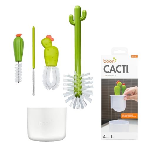 Boon Cacti Bottle Cleaning Brush Set - Includes Bottle Brush, Nipple Brush, Detail Brush, and Straw Brush - Baby Bottle Brush Set for Bottle Drying Rack - Baby Essentials - 4 Count - size: 4 Piece Set, style: Cacti Bottle Brush Set