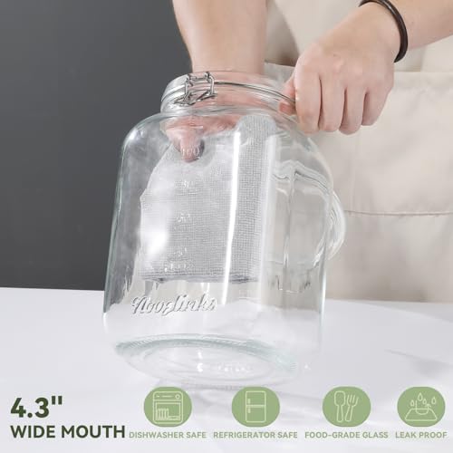 novelinks 2 Pack 1 Gallon Square Super Wide Mouth Glass Storage Jars with Airtight Glass Lids, Mason Jars with Stainless Steel Handle,Clear Glass Storage Container for Fermenting, Pickling, Canning - color: Glass Lid