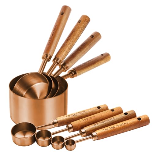Copper Stainless Steel Measuring Cups and Spoons Set,8 Piece Measuring Cup Set with Wooden Handle and Metric and US Measurements，Copper Polished Finish，for Cooking and Baking in The Kitchen - color: Copper