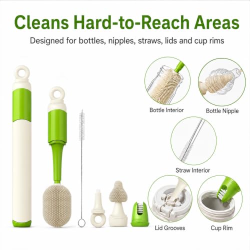 Baby Bottle Brush Set for Baby Bottles, 5 Cleaning Tools with Silicone Bottle and Nipple Brush Heads, Straw Brush, Detail Brush, Cup Rim Cleaner, Integrated Travel Storage, (Green)