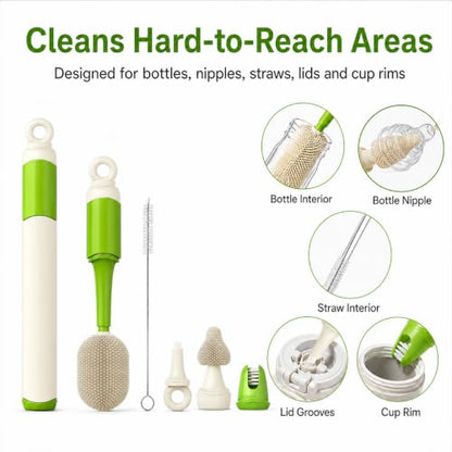 Baby Bottle Brush Set for Baby Bottles, 5 Cleaning Tools with Silicone Bottle and Nipple Brush Heads, Straw Brush, Detail Brush, Cup Rim Cleaner, Integrated Travel Storage, (Green)