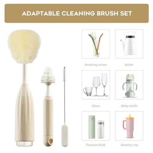 Baby Bottle Brush Set, Silicone Bottle Brush Cleaner with Nipple & Straw Brushes, Push-Press Bubble and Drying Rack for Bottle Cleaning,BPA-Free,Bottle Washer Brush for Breast Pump - color: Beige