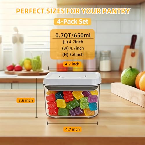 Pop Push Button Airtight Food Storage Containers 4 Pack (0.7Qt) | BPA-Free Stackable Square Canisters for Nuts, Candy, Spices, Pet Treats, Small Snacks - color: 650ml x4