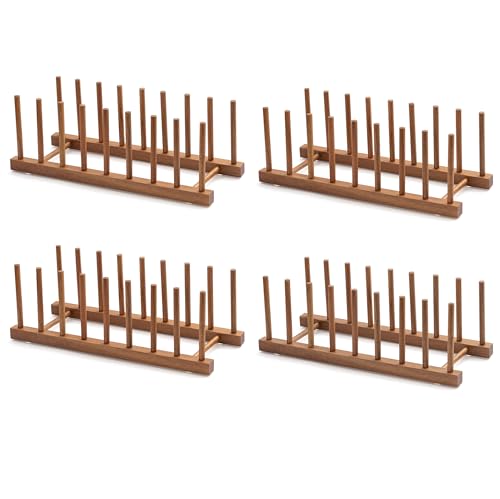 HBlife 4pcs Acacia Wooden Dish Dying Rack Pot Lid Plate Organizer Holder for Cabinet, Cutting Board Stand Drainer Storage Plate Rack for Dish, Pot Lid, Bowl, Cup, Cutting Board and Books - color: Acacia 8 Slots 4pcs