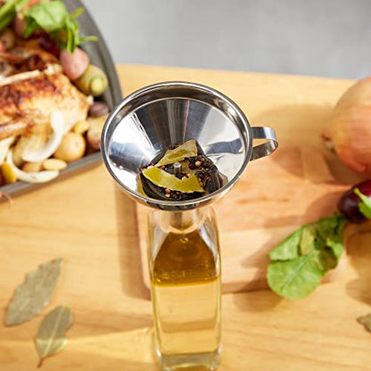 RSVP International Endurance Kitchen & Canning Large 18/8 Stainless Steel Funnel with Removable Straining Filter, Designed for Narrow or Wide Mouth Jars & Bottles, Dishwasher Safe, 5" Diameter