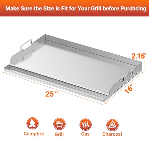 Skyflame 25"x16" Stainless Steel Griddle Plate for BBQ, Hibachi, Flat Top Grill with Even Heating, Grease Groove, Foldable Handles, Ideal for Charcoal/Gas Grills, Camping, Tailgating, Outdoor Cooking - size: 25" x 16" x 2.2"