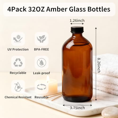 4 Pack 32 oz Amber Glass Boston Round Bottles with Phenolic Polycone Caps – Airtight, Leak-Proof Brown Bottles for Kombucha Brewing, Essential Oils, Storing Condiments, and Homemade Solutions - size: 32 Ounces