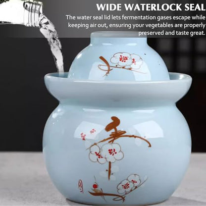 Traditional Chinese Porcelain Pickle Jar, Fermentation Crock Pickling Pot, Fermenting Jar with Water Seal Airlock Lid, Stoneware Fermenter for Kimchi Saue, Jingdezhen Ceramic,D,1.5kg