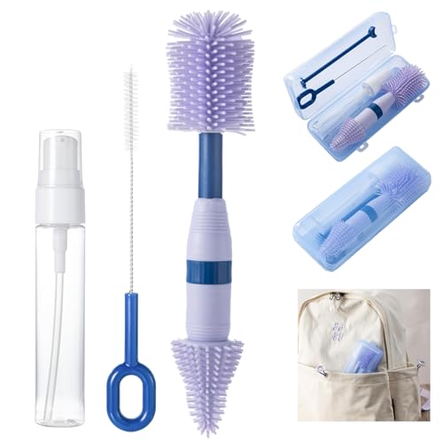 Travel Bottle Brush, 6-in-1 Portable Travel Bottle Cleaner Kit with Small Bottle Brush Built in Drying Rack, Nipple Brush, Straw Brush, Soap Dispenser, for Baby Bottles Under 8 OZ, BPA-Free(Purple) - color: Purple